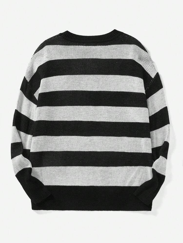 Black And White Striped Knit Sweater With Black-color Letter Pattern And Round Neckline For Women