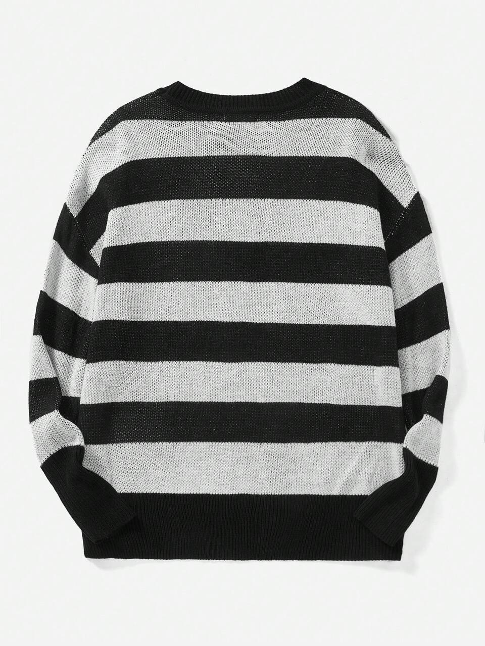 Black And White Striped Knit Sweater With Black-color Letter Pattern And Round Neckline For Women