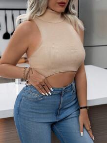 Calvaya 大尺碼高領短款針織上衣 - 卡其色 - 查看 4