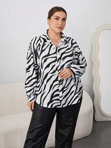 SHEIN Essnce 大碼斑馬紋長袖襯衫 - 黑與白 - 查看 6