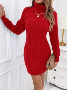 SHEIN Privé Casual Ladies' Ribbed Knit High Neck Sweater Dress - Red - View 3