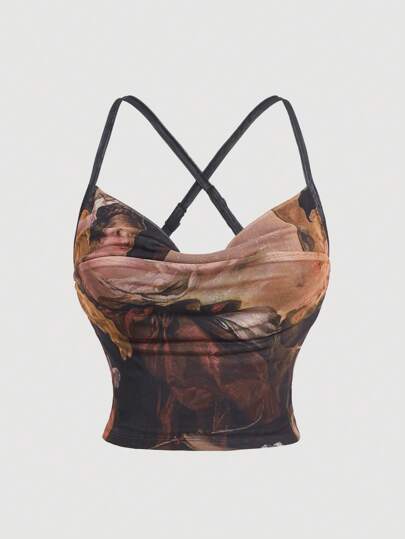 SHEIN MOD Plus-Size Women's Printed Pleats Detail Camisole Top For Summer