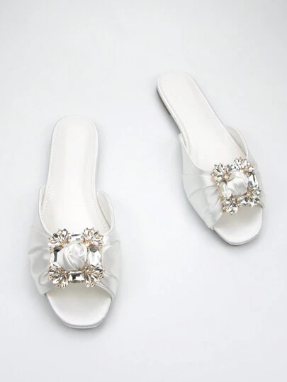 Women's Elegant Flat Sandals With Shiny Rhinestone Buckle Detailing, White Fabric, Comfortable For Daily Wear, Wedding, Party Valentines,Spring Summer Outfits