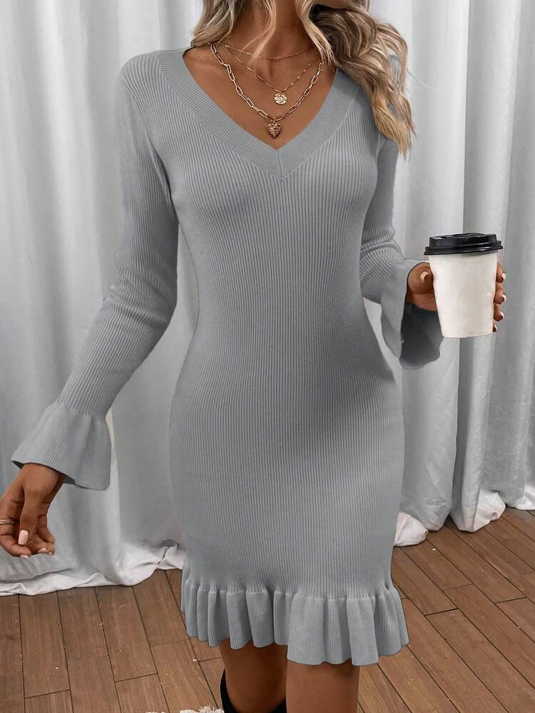 Women'S Ruffled Slim Fit Sweater Dress