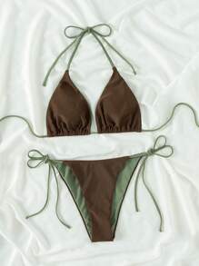 SHEIN Swim 女士吊带两件套比基尼套装音乐节夏季海滩 - 咖啡棕 - 查看 5