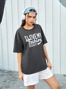 Street Sport Slogan Printed Round Neck Drop Shoulder Sleeve Sports T-Shirt - Black - View 9