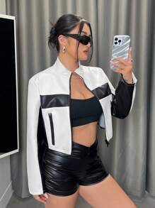 SHEIN ICON Women's Plus Size Color Block Motorcycle Style Double Zipper Jacket, For Winter Fall Autumn - Black and White - View 2
