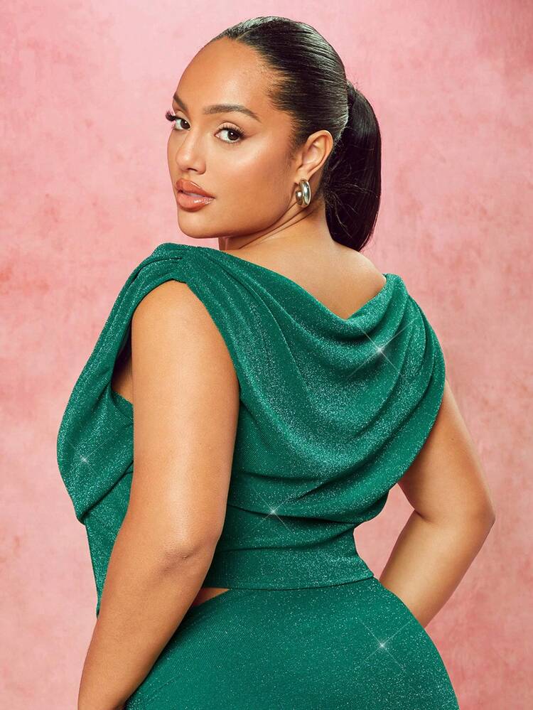 Plus Size Women's Green Slouchy Neck Glitter Fish Scale Sequin Tank Top Sleeveless Shirt