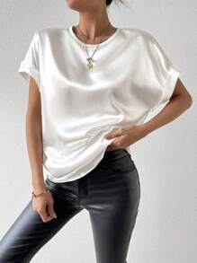 Chiquease Batwing Short Satin Sleeve Blouse With Round Neckline - White - View 4