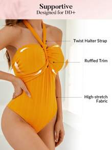 SHEIN Swim 女士罗纹挂脖式连体泳衣 夏季 - 黃色 - 查看 3