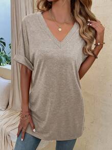 EMERY ROSE Women's Solid Color Batwing Sleeve T-Shirt - Maroon - View 3