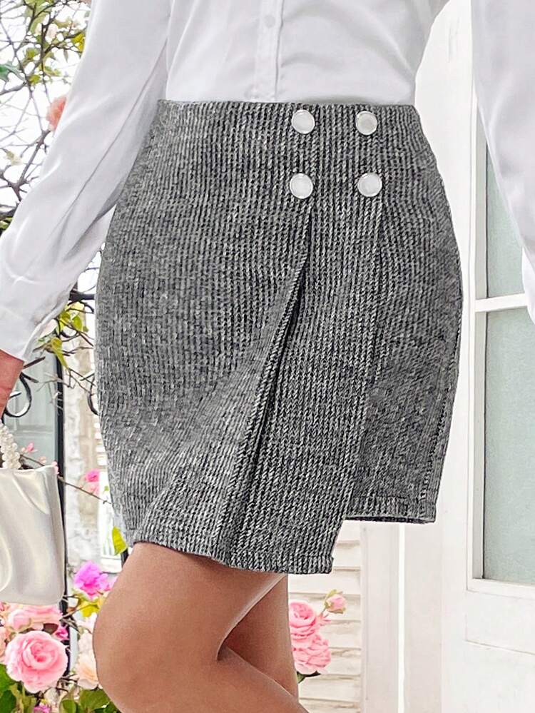 Wrap Style Asymmetrical Skirt With Button Decors