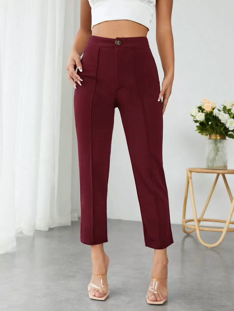 SHEIN PETITE 純色高腰長褲 - 酒紅色 - 查看 1