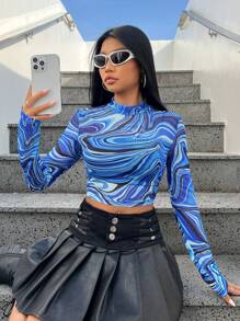 Muchica 立領波浪網布短上衣 - 藍色 - 查看 4