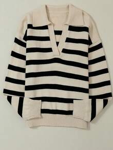 條紋拼色v領休閒毛衣 - 卡其色 - 查看 6