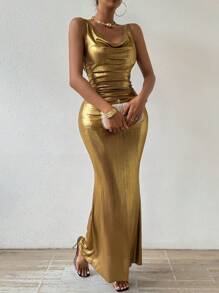 Rafferiza Women's Draped-Neck Mermaid Style Dress For New Year Holiday Party Clothes Maxi Women Outfit - Gold - View 6