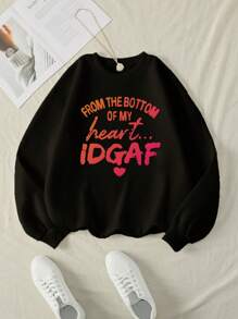 SHEIN EZwear 标语印花圆领保暖衬里运动衫 - 黑色 - 查看 1