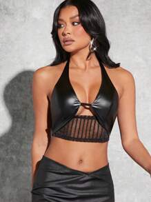 Hauture 剪裁条纹 PU 皮革吊带上衣