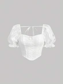 SHEIN MOD 女士純色蓬蓬袖襯衫 - 白色 - 查看 1