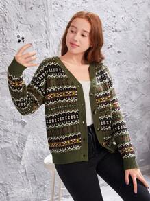 Teen Girls' Geometric Pattern Drop Shoulder Cardigan - Multicolor - View 4