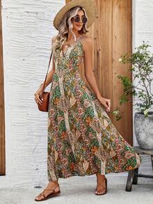 SHEIN LUNE All-Over Printed Backless Spaghetti Strap Dress - Multicolor - View 3