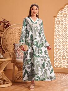 Al Najma Paisley Print Fringe V-Neck Dress