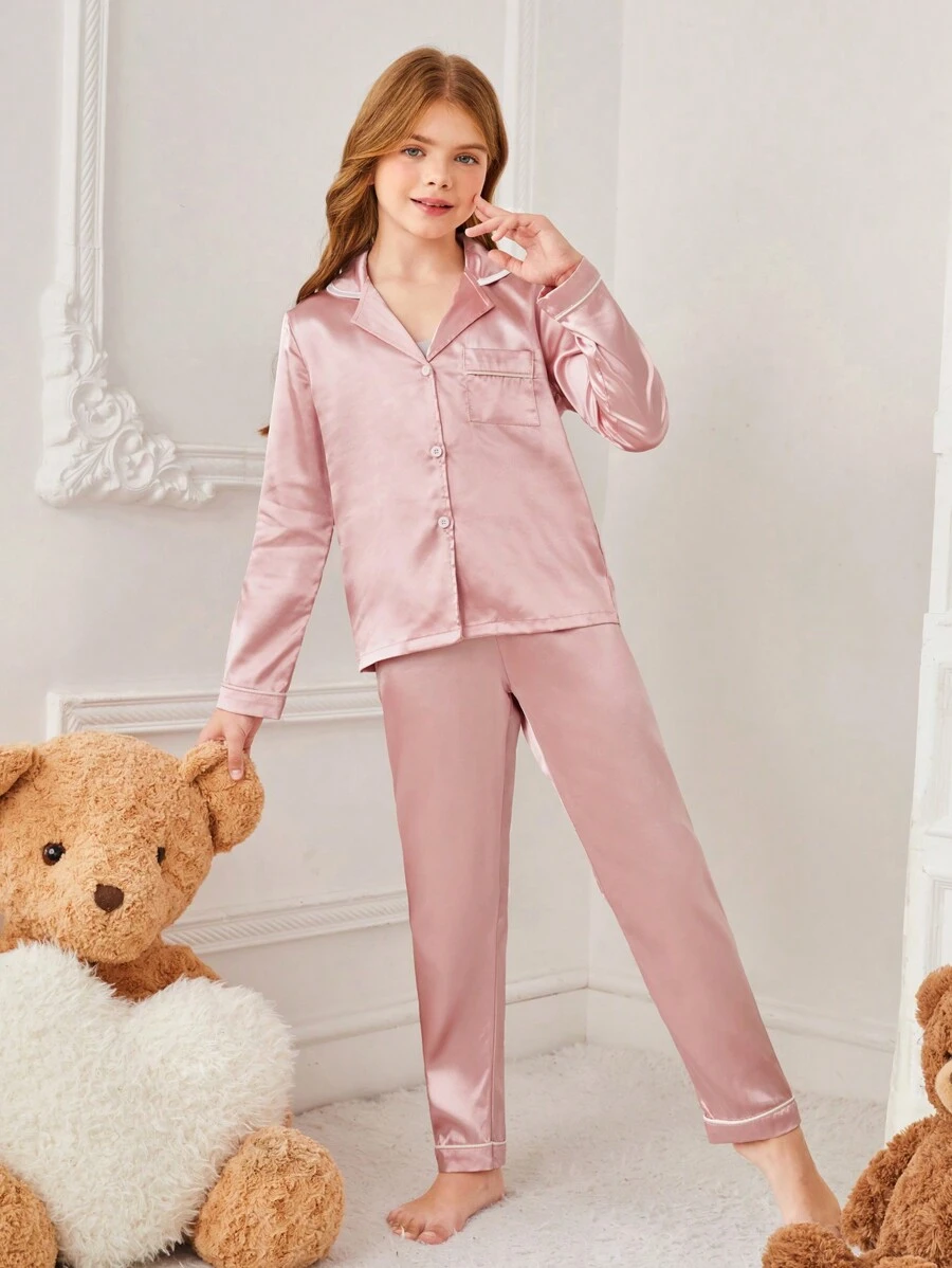 中小學女孩鎖骨翻領長袖上衣和長褲睡衣套裝 - 藕粉色 - 查看 1