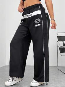 SHEIN EZwear Kích thước lớn Chữ cái In Màu sắc Chặn Cán Hem Quần - màu đen - Xem 5