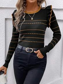 SHEIN Clasi Striped Tight Knit Sweater,Long Sleeve Tops - Black - View 5