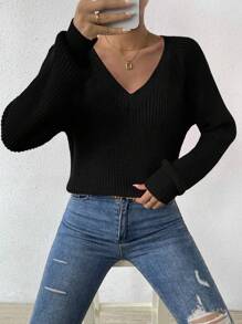 EMERY ROSE V Neck Raglan Sleeve Ribbed Knit Sweater,Long Sleeve Tops Knit Pullover Fall Winter Sweater - Black - View 6
