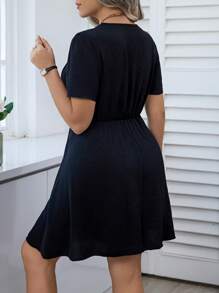 Calvaya Plus Size Solid Color Dress With Button Detailing - Black - View 2