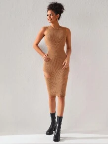Queen Is The Title Designer Solid Cut-Out Ribbed Knit Elegant Sweater Dress, For Holiday, Party, Birthday Outfits, Festival, Wedding, Prom Dress - Camel - View 5