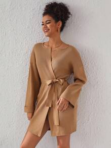 Queen Is The Title Colorblock Round Neck Open Front Drop Shoulder Cardigan - Camel - View 3