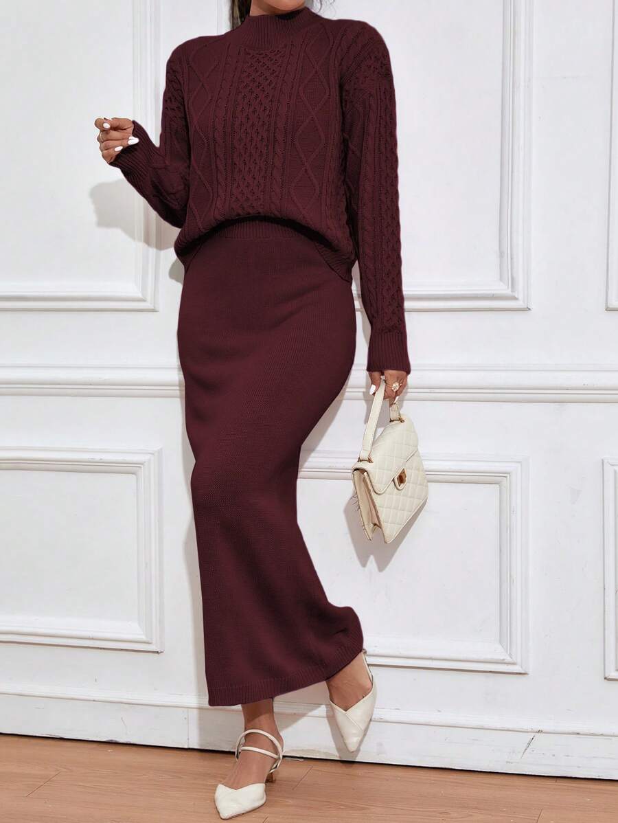 Mulvari Burgundy Red Women's Cable Knit Sweater And Knitted Skirt Two Pieces Set - Burgundy - View 1