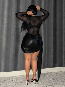 Slaydiva فستان ووقوف الياقة بالشبكة شفافة ورقعة قماشية للنساء والقياس الكبير - الأسود - مشاهدة 4