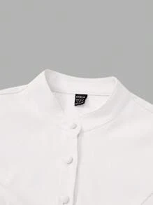 SHEIN MOD Của phụ nữ Màu thuần Chân của tay áo cừu Đứng cổ áo Xù Hoa Sen Áo sơ mi - trắng - Xem 3