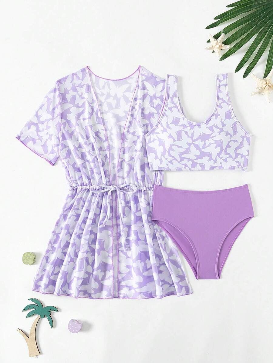 SHEIN Bộ Bikini Tween Girl In Hình Bướm Phù Hợp Với Bộ Đi Biển Mùa Hè - Màu tím - Xem 1