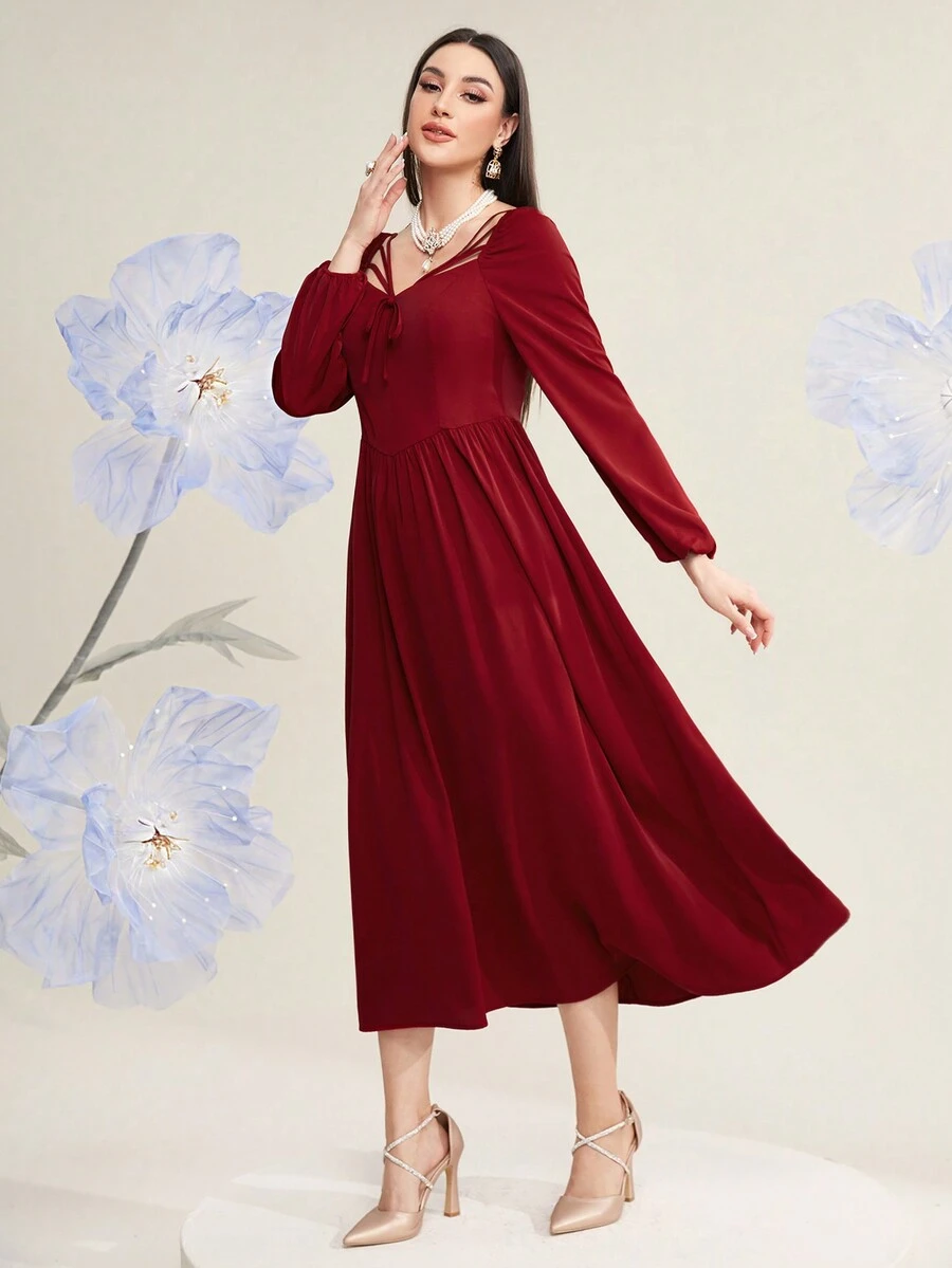 Modelyn Vestido de color rojo Burdeos de un solo color con diseño calado y cordones para damas - Burdeos - Ver 1