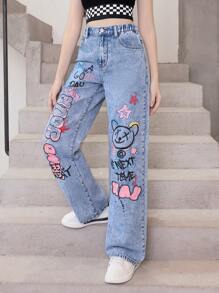 Lässige Und Modische Jeans Mit Geradem Bein Aus Gewaschenem Denim Mit Graffiti-print Für Teenager-mädchen