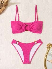 SHEIN Swim Ladies' Two-Piece Bikini Set With Round Ring Connection Valentine Summer Beach - Hot Pink - View 1