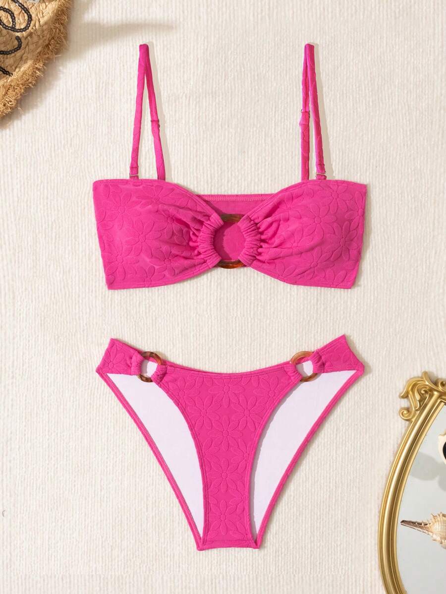 SHEIN Swim Ladies' Two-Piece Bikini Set With Round Ring Connection Valentine Summer Beach - Hot Pink - View 1