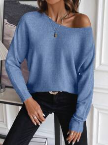 SHEIN LUNE Suéter de cuello redondo de manga larga de punto para otoño e invierno - Azul - Ver 5