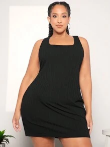 SHEIN CURVE+ 大尺碼方領無袖連衣裙 - 黑色 - 查看 4