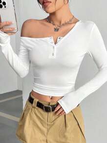 SHEIN Unity White Asymmetrical Collar Long Sleeve T-Shirt - White - View 3