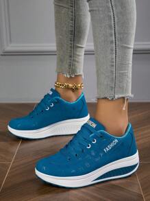 Giày thể thao nữ mùa thu/đông thiết kế thoáng khí, thoải mái, gót nhọn, đế dày, buộc dây, giày thể thao cho nữ - Màu xanh lam - Xem 3