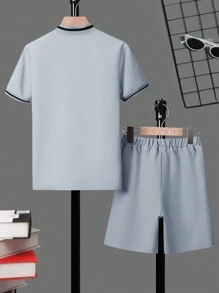SHEIN Conjunto De Camisa Com Colarinho De Beisebol E Shorts Com Estampa De Letras Para Meninos Adolescentes - Azul bebê - Visão 2