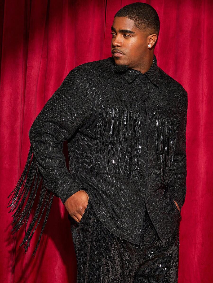 GENTILAND 男士大尺碼編織休閒長袖亮片襯衫 - 黑色 - 查看 1