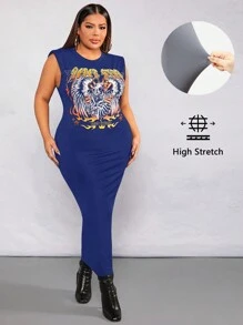 SHEIN SXY Vestido de mujer de talla grande con estampado de águila y cuello redondo con letras - azul real - Ver 3