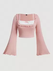 SHEIN MOD Camiseta de mujer talla grande con mangas abullonadas, ribetes con volantes y bloques de color - Rosa - Ver 1