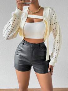 Zolique Ladies' Hollow Out Knit Cropped Cardigan With Open Front - White - View 4